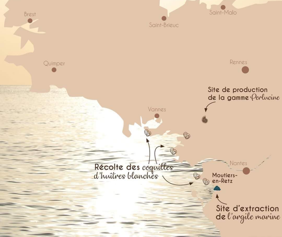 Carte de la Bretagne avec les différentes localisation importante de la création à la fabrication des produits Perlucine